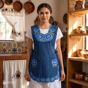 Blue Mexican Embroidered Smock Apron – Floral Traditional Design